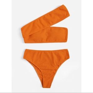 Ribbed One Shoulder Top With High Waist Bikini